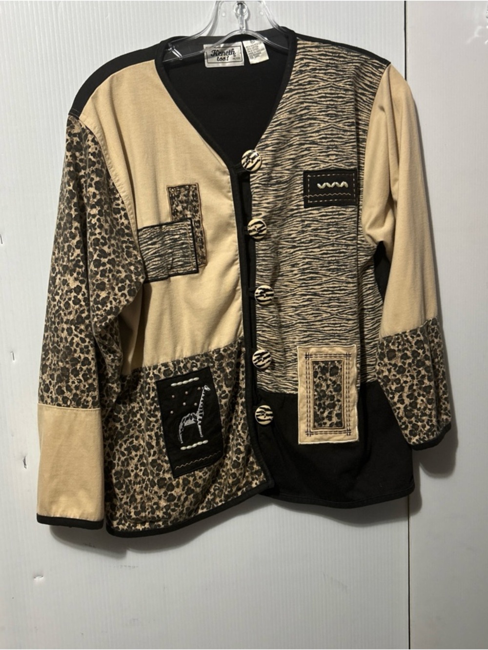 Keneth Too Patchwork Button-Down Top in Beige and Black
